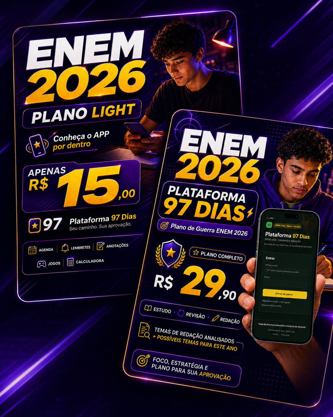Plano Light R$15 e Plataforma 97 Dias R$29,90 — ENEM 2026