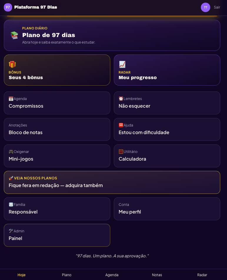 Menu principal · Plano, bônus, anotações e mais